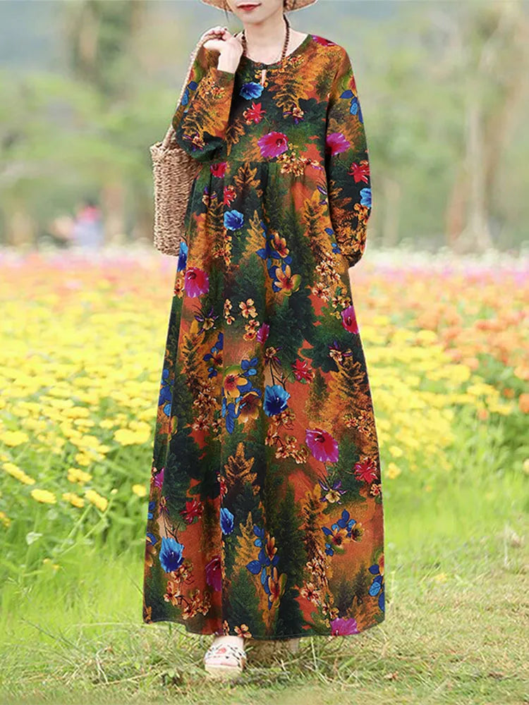 Robe Maxi Bohémienne Vintage Florale — Manches Longues Grande Taille
