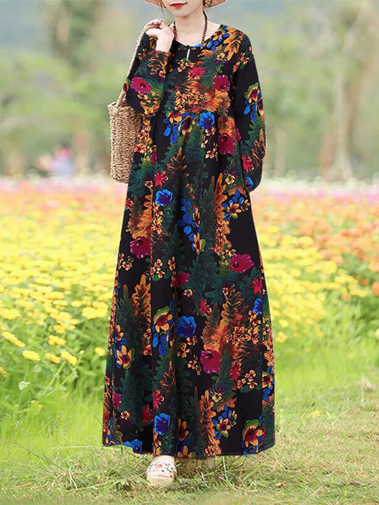 Robe Maxi Bohémienne Vintage Florale — Manches Longues Grande Taille