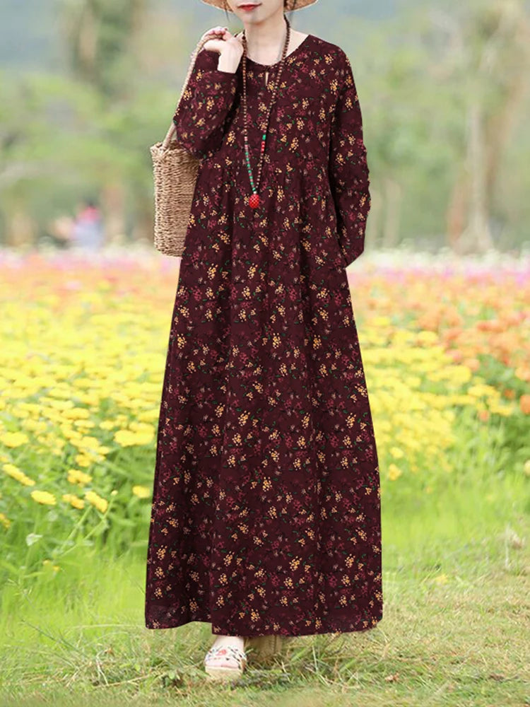 Robe Maxi Bohémienne Vintage Florale — Manches Longues Grande Taille