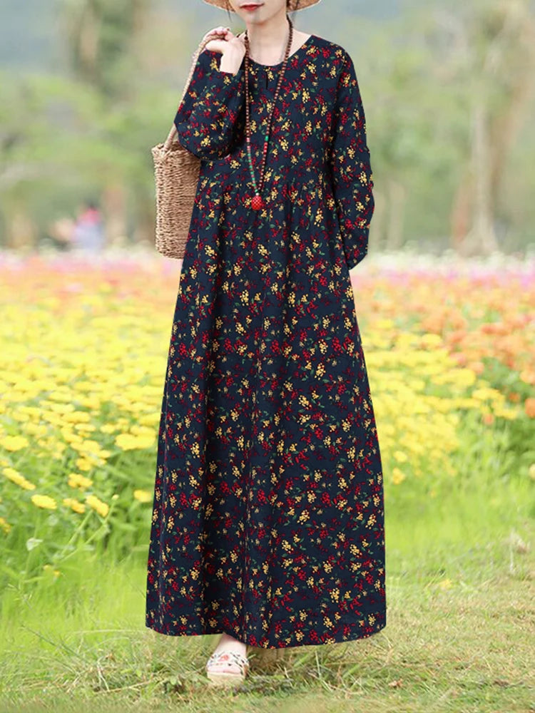Robe Maxi Bohémienne Vintage Florale — Manches Longues Grande Taille