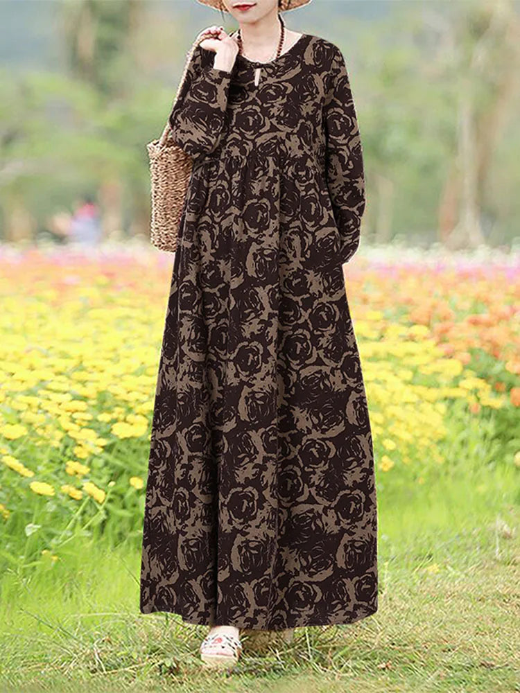 Robe Maxi Bohémienne Vintage Florale — Manches Longues Grande Taille