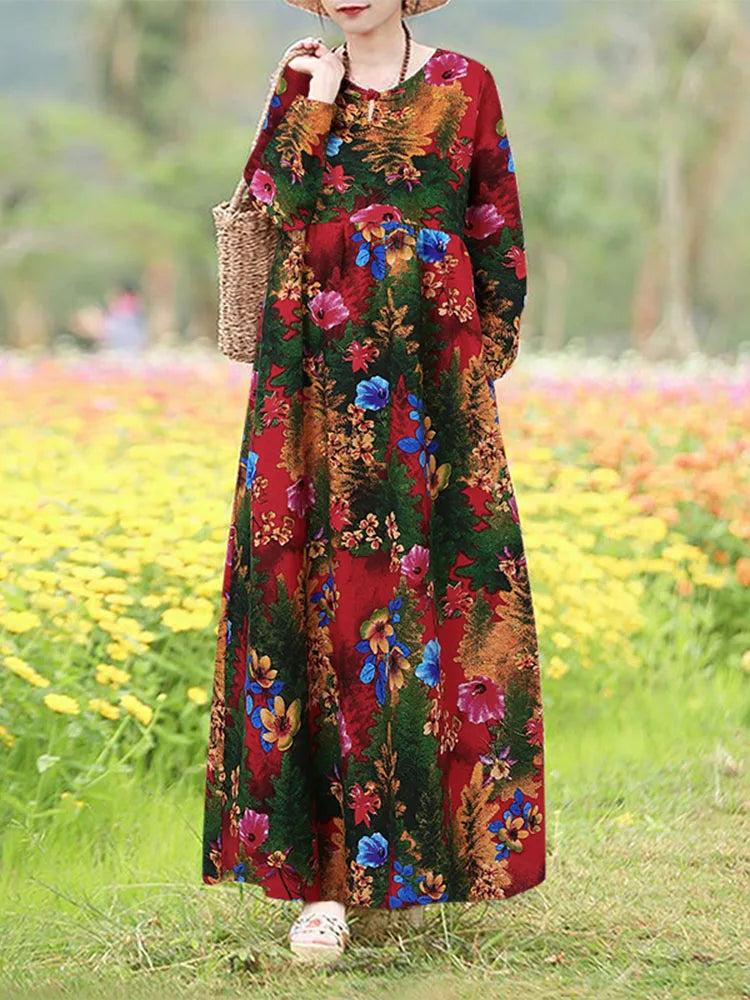 Robe Maxi Bohémienne Vintage Florale — Manches Longues Grande Taille