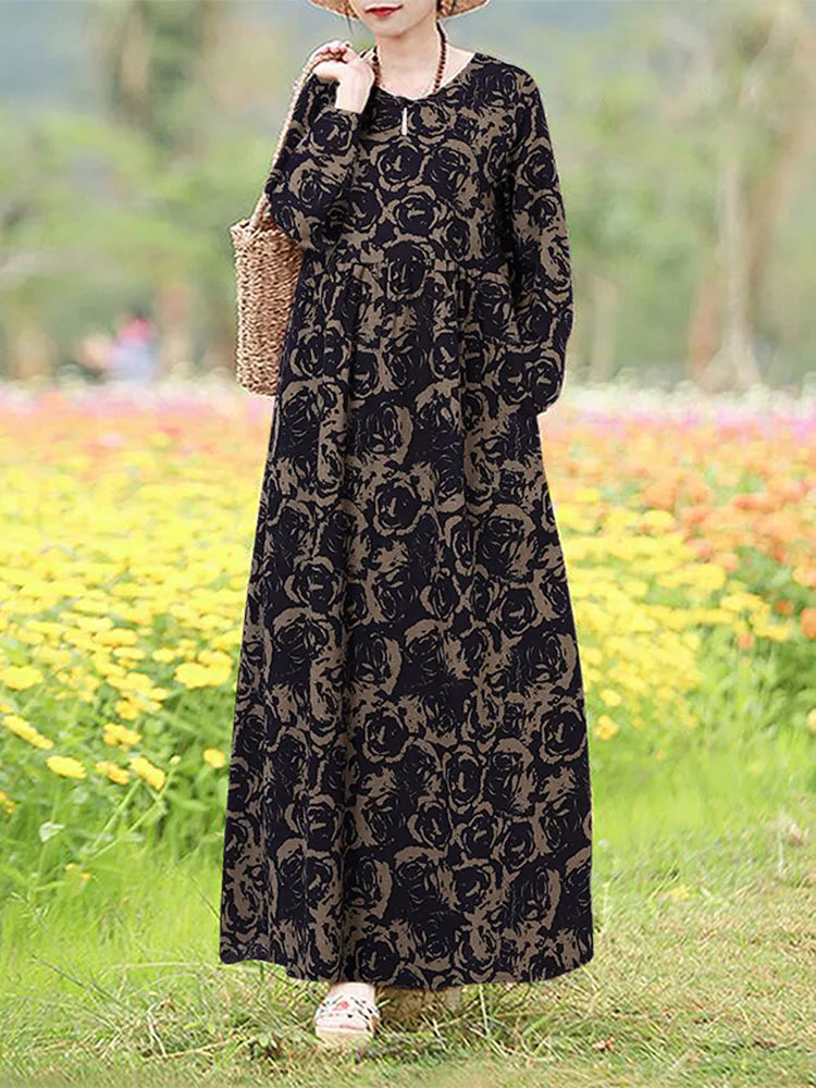 Robe Maxi Bohémienne Vintage Florale — Manches Longues Grande Taille