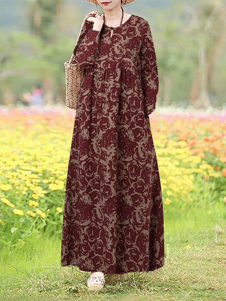 Robe Maxi Bohémienne Vintage Florale — Manches Longues Grande Taille
