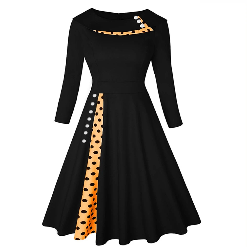Robe Vintage Rockabilly À Pois — Taille Haute Manches Longues Swing
