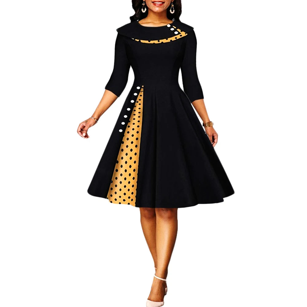 Robe Vintage Rockabilly À Pois — Taille Haute Manches Longues Swing