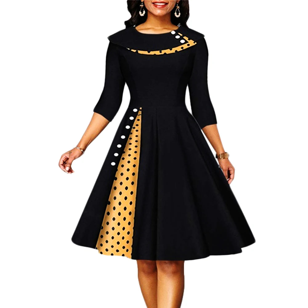 Robe Vintage Rockabilly À Pois — Taille Haute Manches Longues Swing