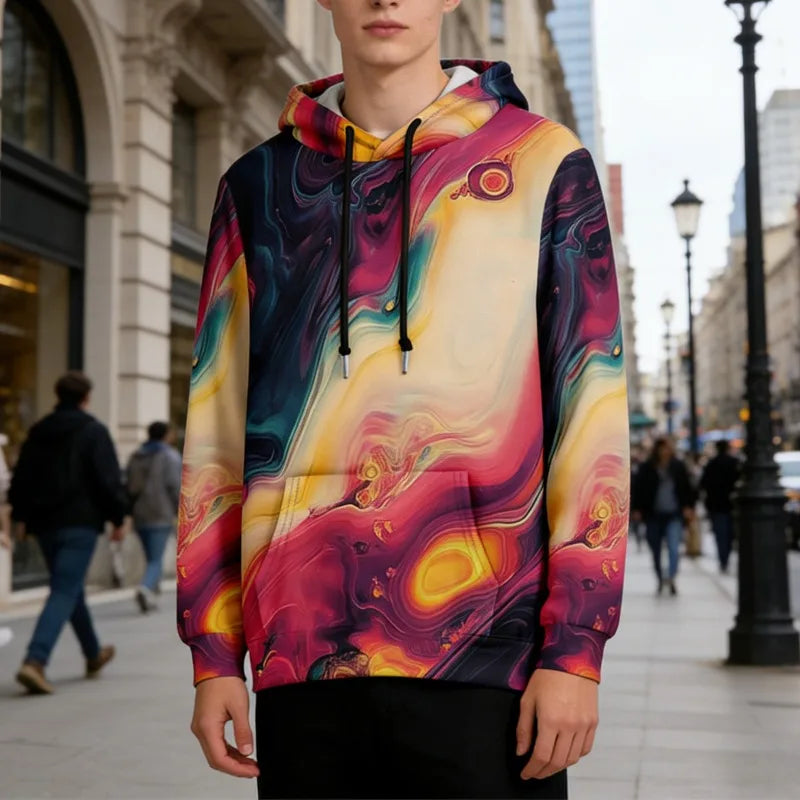 Men's Oversize Hoodie Modern Abstract Art Print Sweatshirt Fluid Graphic Pullover Hoodie with Pocket Streetwear Couple Fashion