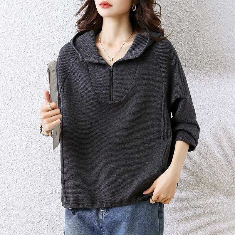 Oversize Hoodies Long Sleeve Zipper Pullovers Dark Gray Tops Jumper Sweatshirts Women