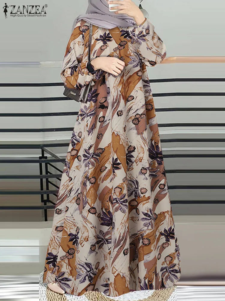 Robe Abaya Femme Musulmane — Longue Manches Longues Imprimé Floral