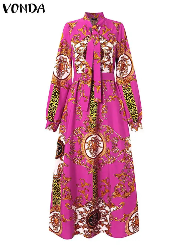 Robe Maxi Bohémienne Femme — Imprimée Longue Manches Longues Ceinturée