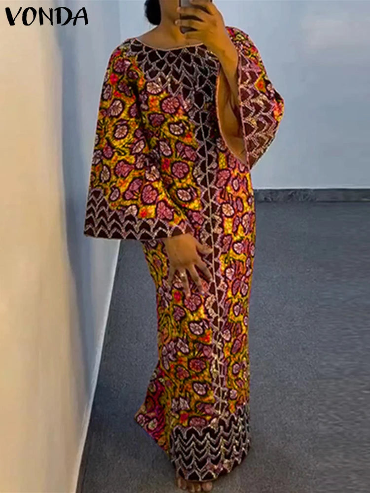 Robe Bohémienne Imprimée — Manches Évasées Maxi Oversize Col Rond