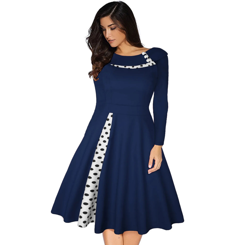 Robe Vintage Rockabilly À Pois — Taille Haute Manches Longues Swing