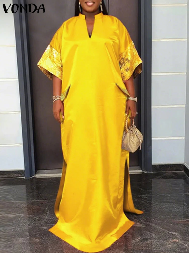 Robe Maxi Bohémienne Satin Col V — Manches Courtes Couleur Unie Été