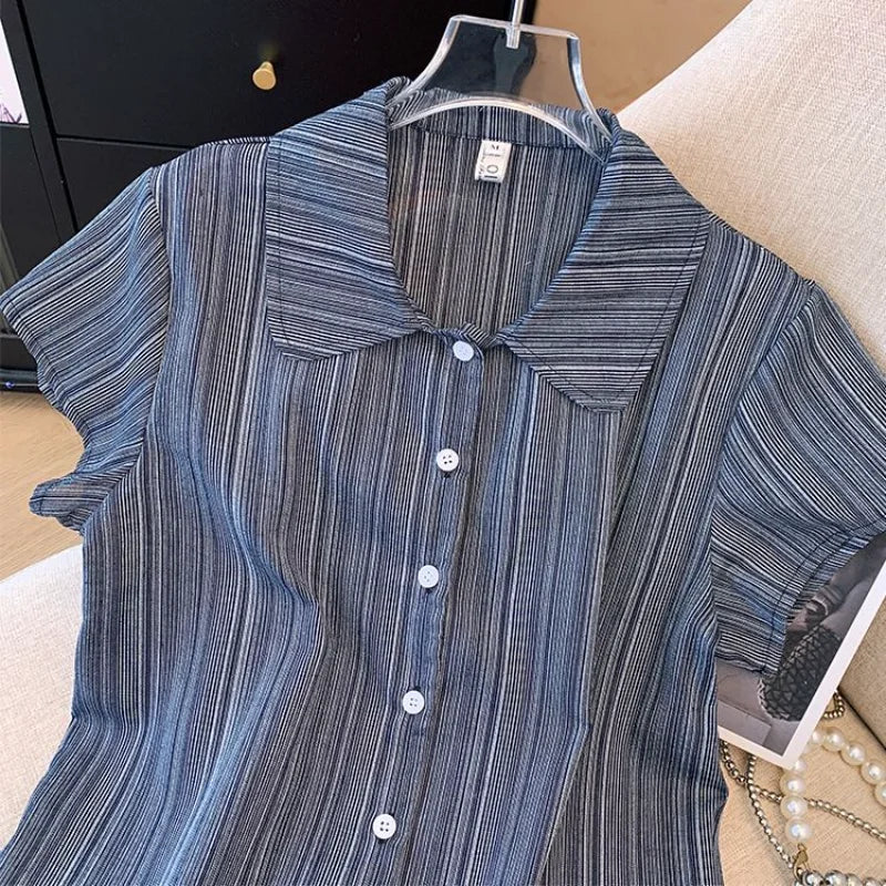 Women's French Style Polo Collar Short Sleeve Chiffon Blouse Elegant Casual  Shirt