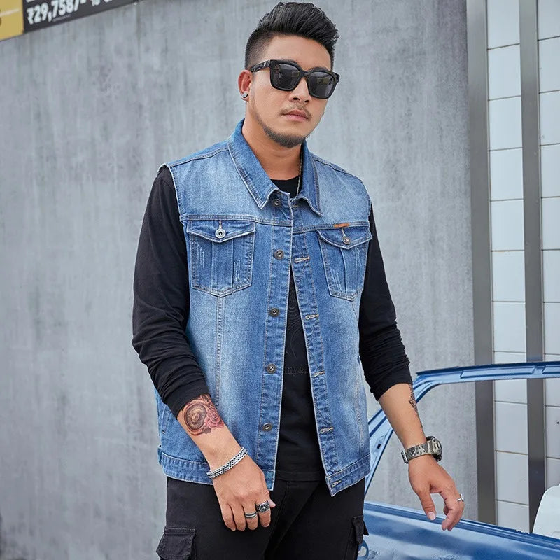 Motorcycle Vest Men Plus Size 8XL 6XL 7XL Sleeveless Jacket Autumn Hip Hop Man Veste Cowboy Slim Fit Korean Male Denim Waistcoat