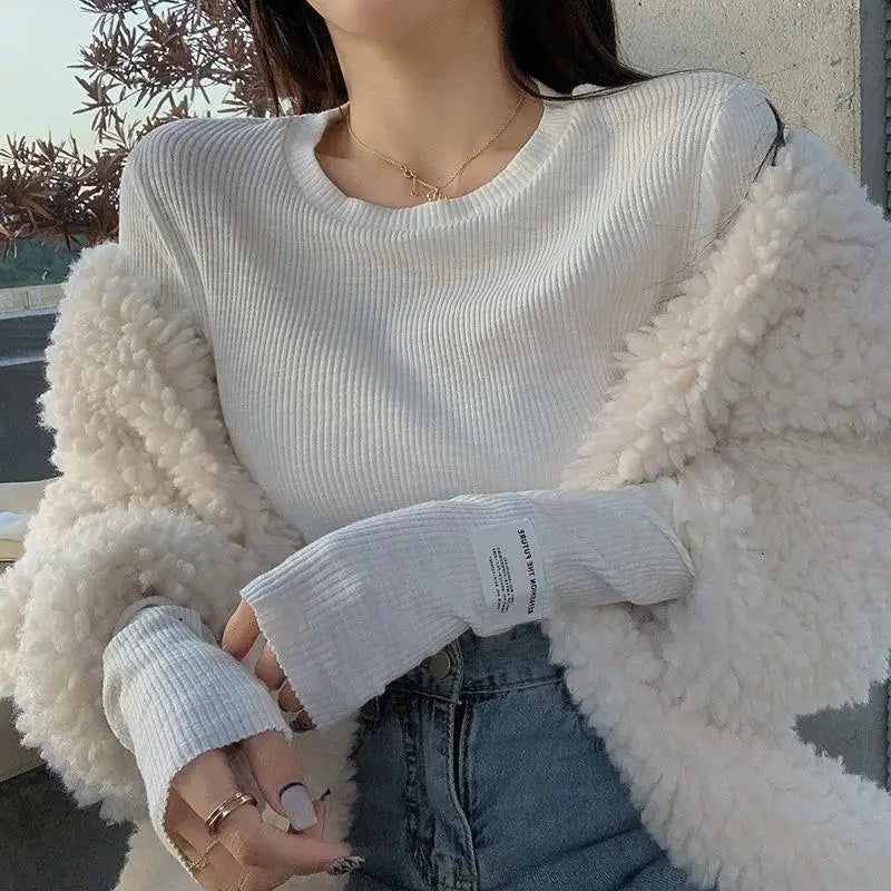 T-Shirt Femme Style Coréen — Pullover Streetwear Beige Esthétique