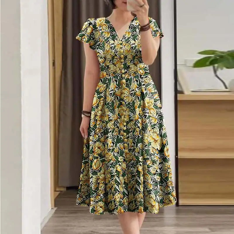 Robe Mi-Longue Femme Fleurie — Taille Cinée Col V Manches Courtes