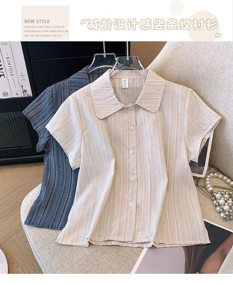 Women's French Style Polo Collar Short Sleeve Chiffon Blouse Elegant Casual  Shirt