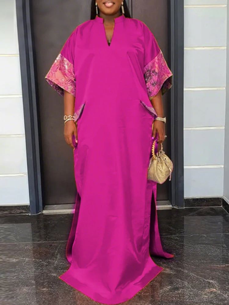 Robe Maxi Bohémienne Satin Col V — Manches Courtes Couleur Unie Été