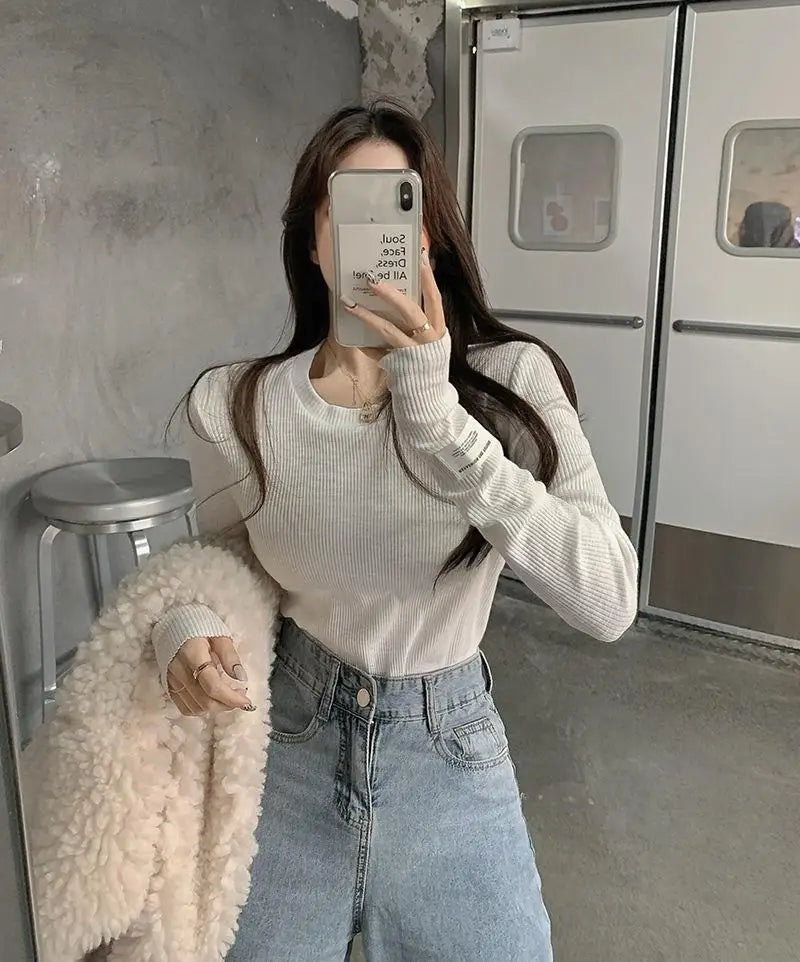 T-Shirt Femme Style Coréen — Pullover Streetwear Beige Esthétique
