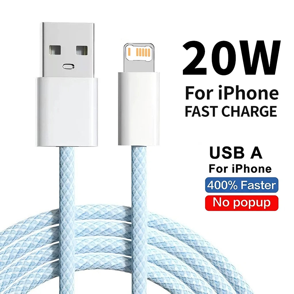Câble USB Lightning 20W Tressé Charge Rapide pour iPhone 14 13 12 11 XR XS 8 7 6 — 1m 2m