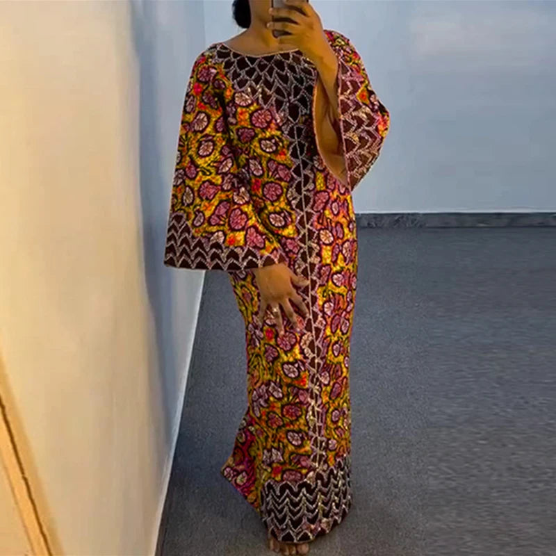 Robe Bohémienne Imprimée — Manches Évasées Maxi Oversize Col Rond