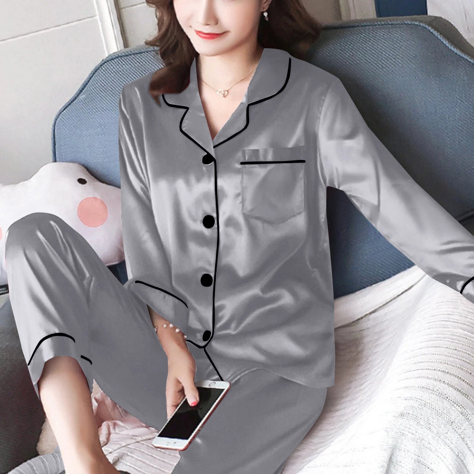 Women Pijama Sets Sleepwear Long-sleeve Cardigan Set Women Pajamas Sets Sexy Silk Polyester Female Pyjamas Home Clothing