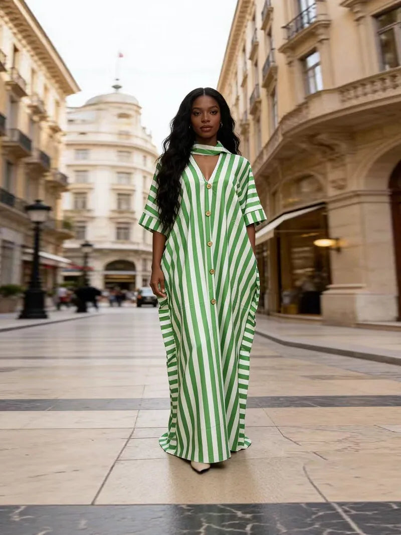 Robe Longue Femme Col V Rayée — Style Décontracté Grande Taille Automne 2026