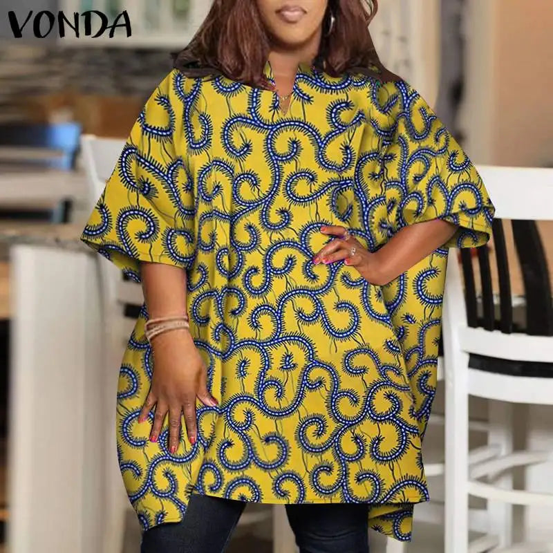 Plus Size VONDA Women Blouses 2024 Elegant Half Sleeve Printed Shirts Bohemian V Neck Tops Fashion Casual Loose Blusas Oversized