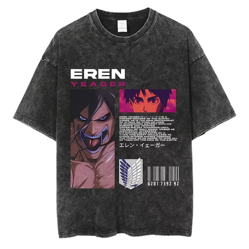 Oversized Attack on Titan Washed Summer T-Shirt, Vintage Distressed Anime Graphic Streetwear for Men Women, Survey Corps AOT Tee