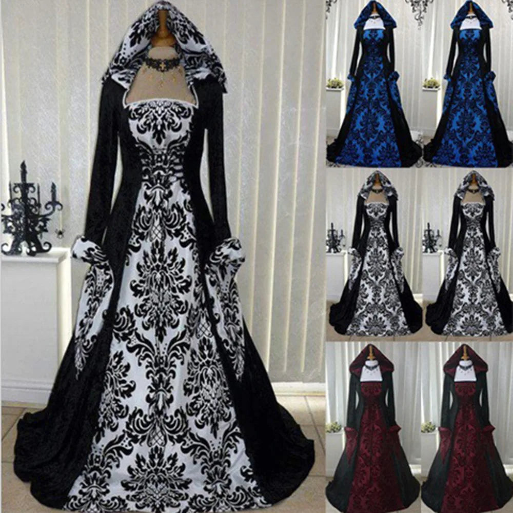 Robe Médiévale À Capuche Imprimée — Tenue de Scène Rétro Femme
