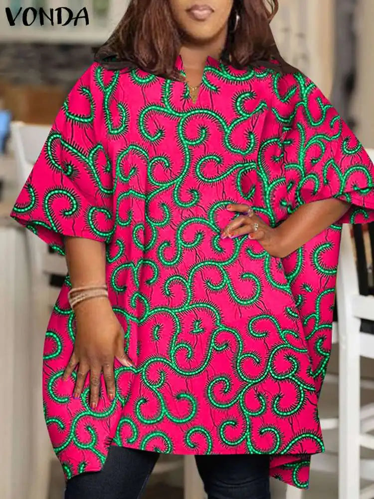 Plus Size VONDA Women Blouses 2024 Elegant Half Sleeve Printed Shirts Bohemian V Neck Tops Fashion Casual Loose Blusas Oversized