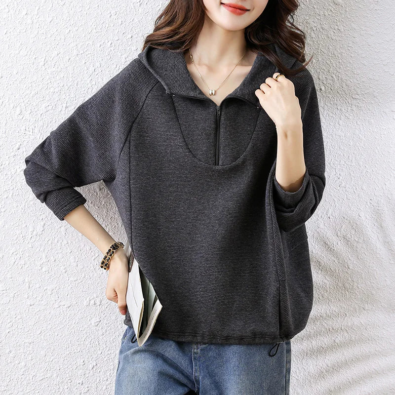 Oversize Hoodies Long Sleeve Zipper Pullovers Dark Gray Tops Jumper Sweatshirts Women