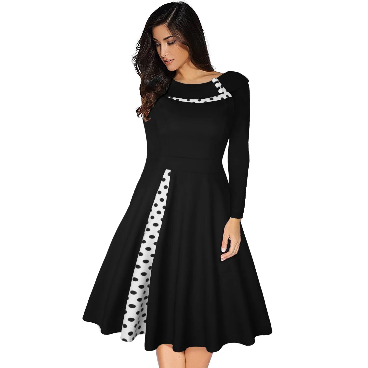 Robe Vintage Rockabilly À Pois — Taille Haute Manches Longues Swing