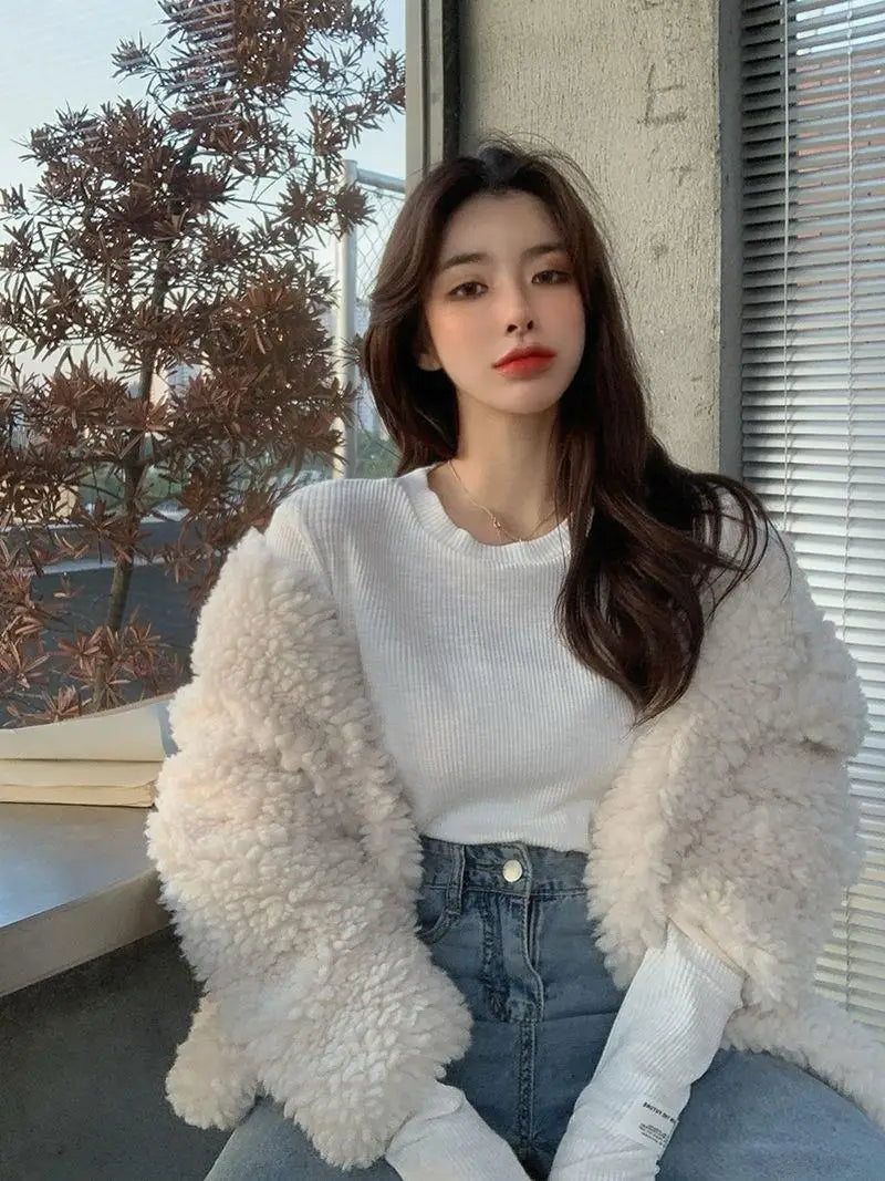 T-Shirt Femme Style Coréen — Pullover Streetwear Beige Esthétique