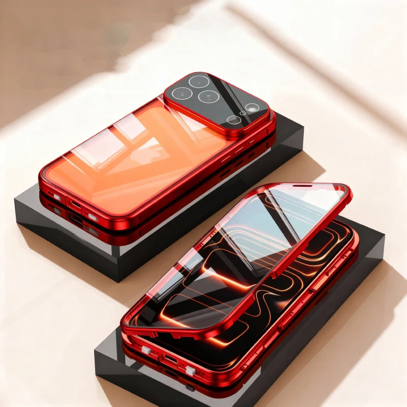 Coque magnétique métal 360° iPhone – Verre double face, verrouillage snap, protection totale