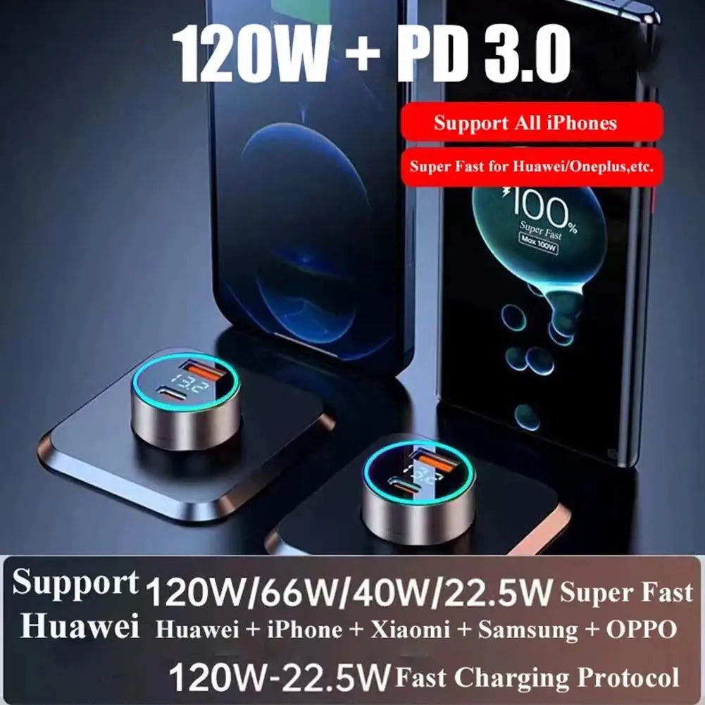 Chargeur Voiture Rapide 120W+20W PD Double USB-C pour iPhone 13 Pro et Smartphones