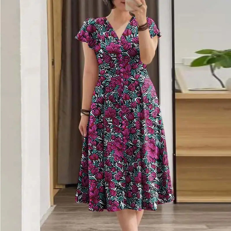 Robe Mi-Longue Femme Fleurie — Taille Cinée Col V Manches Courtes