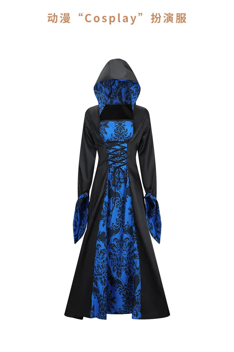 Robe Médiévale À Capuche Imprimée — Tenue de Scène Rétro Femme