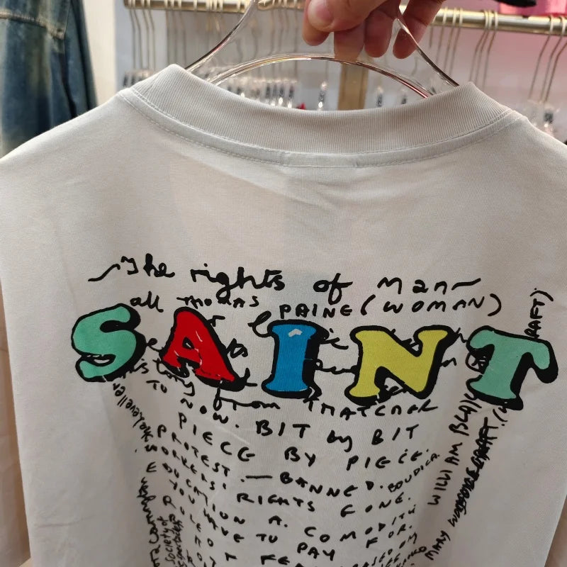Oversized Vintage Graphic T Shirt Men Women Saint Cotton Casual Streetwear Mask Print Loose Hip Hop Short Sleeve Tee