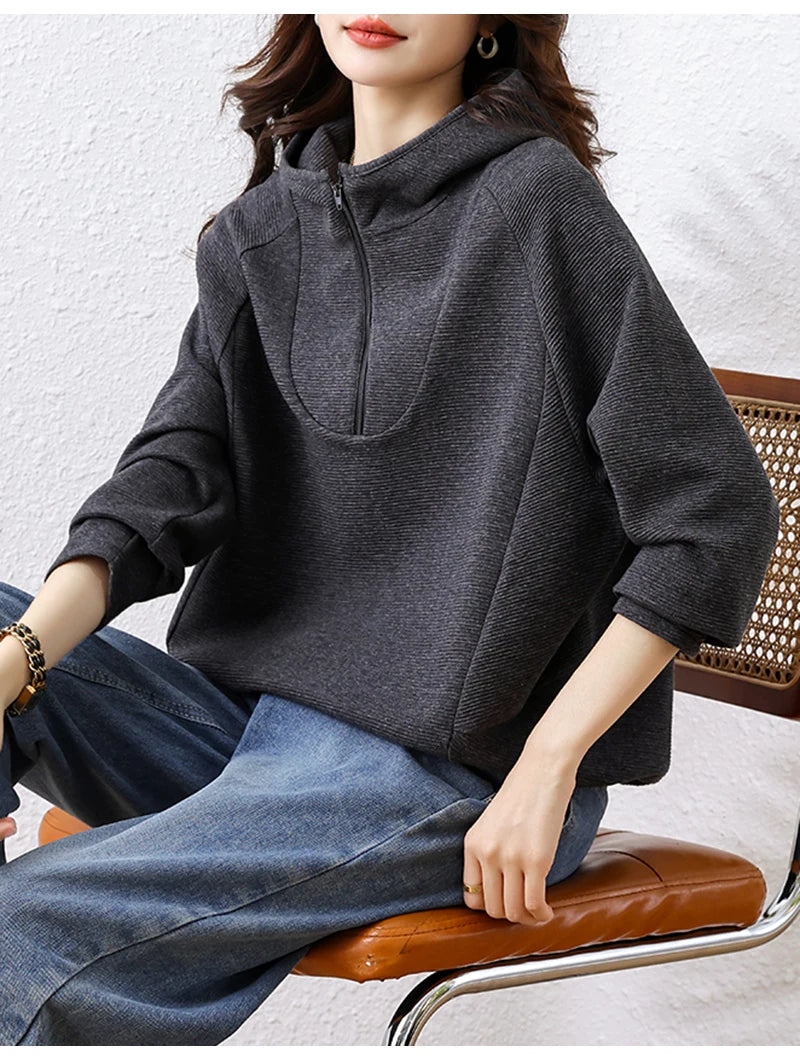 Oversize Hoodies Long Sleeve Zipper Pullovers Dark Gray Tops Jumper Sweatshirts Women
