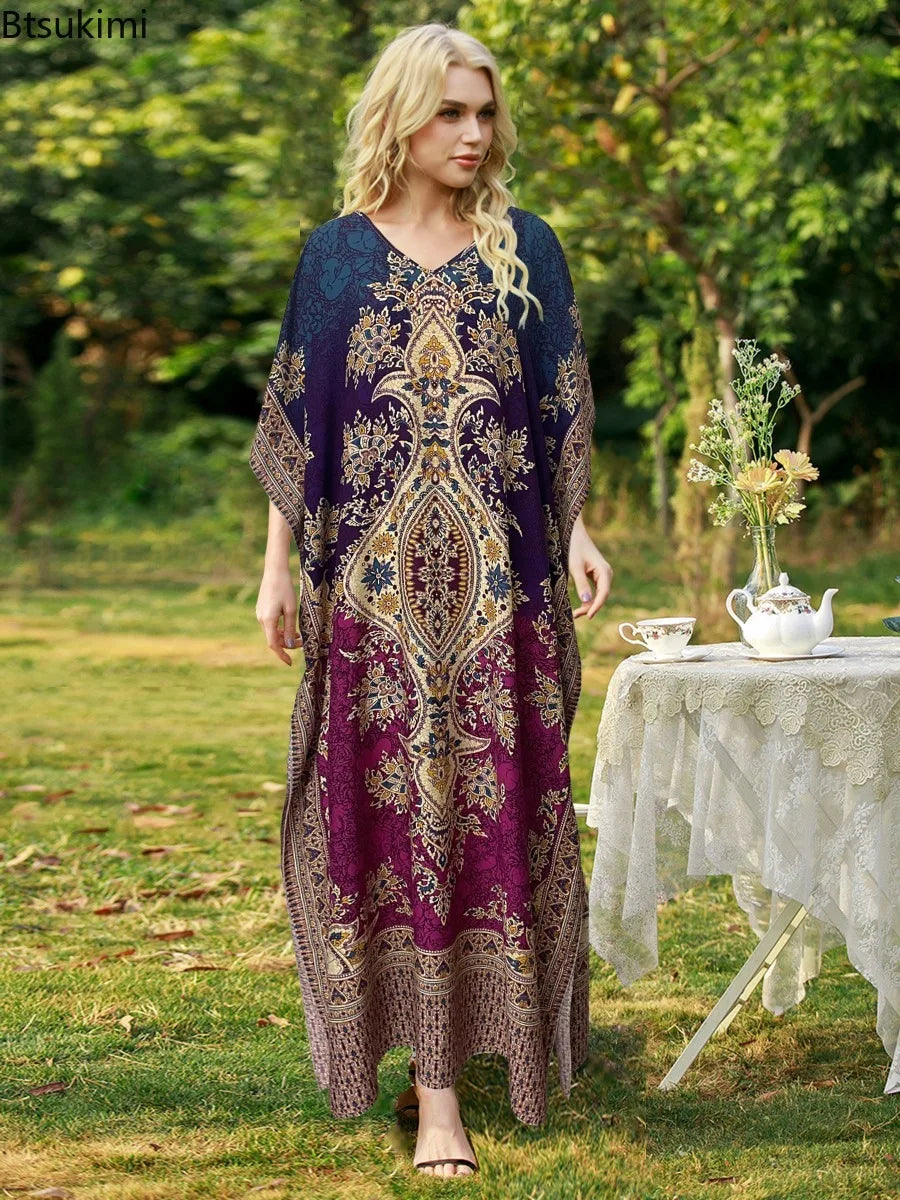 Robe Longue Bohémienne Col V — Imprimé Ethnique Plage Moyen-Orient