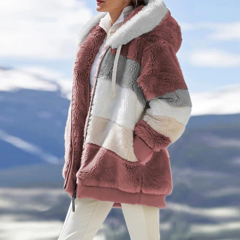 Oversized Jacket for Women Coat 2025 Autumn Winter Warm Plush Pocket Hooded Streetwear Loose Lady Zipper Cashmere Outerwear Coat
