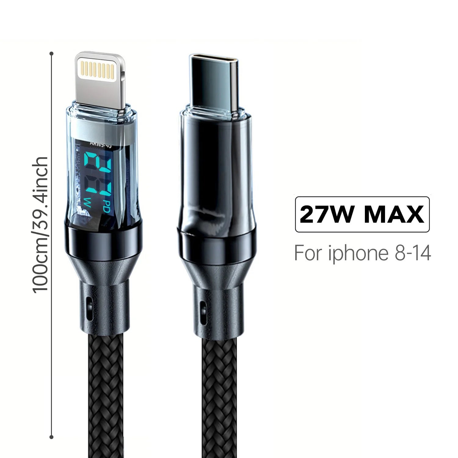 Câble PD 27W Charge Rapide avec Affichage LCD — USB-A vers Lightning pour iPhone 14 13 12 Pro Max