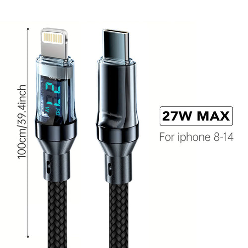 Câble PD 27W Charge Rapide avec Affichage LCD — USB-A vers Lightning pour iPhone 14 13 12 Pro Max