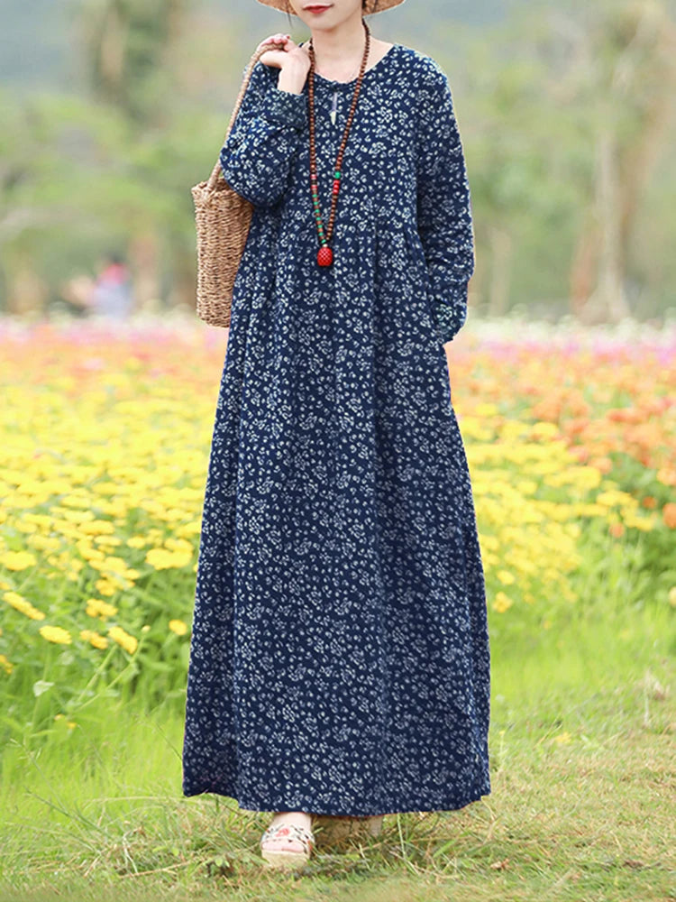 Robe Maxi Bohémienne Vintage Florale — Manches Longues Grande Taille
