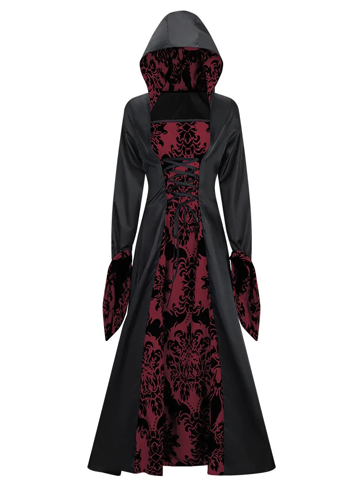 Robe Médiévale À Capuche Imprimée — Tenue de Scène Rétro Femme