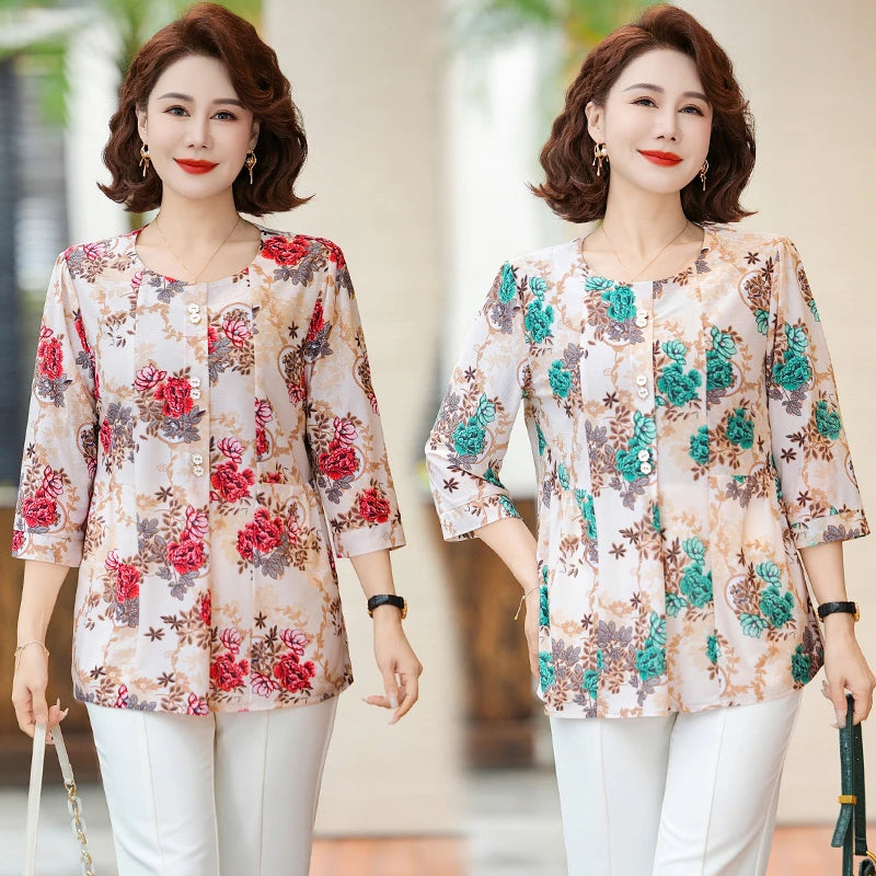 Elegant Oversize Shirts for Women T-SHIRT Tops Loose Vintage Blouse Summer Middle-aged Women's Clothing