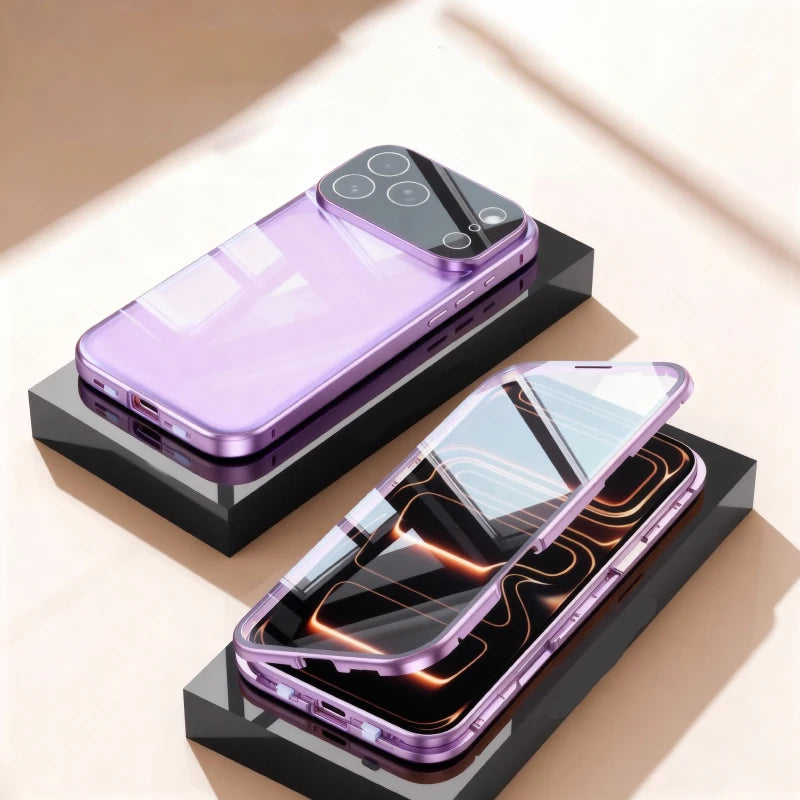 Coque magnétique métal 360° iPhone – Verre double face, verrouillage snap, protection totale